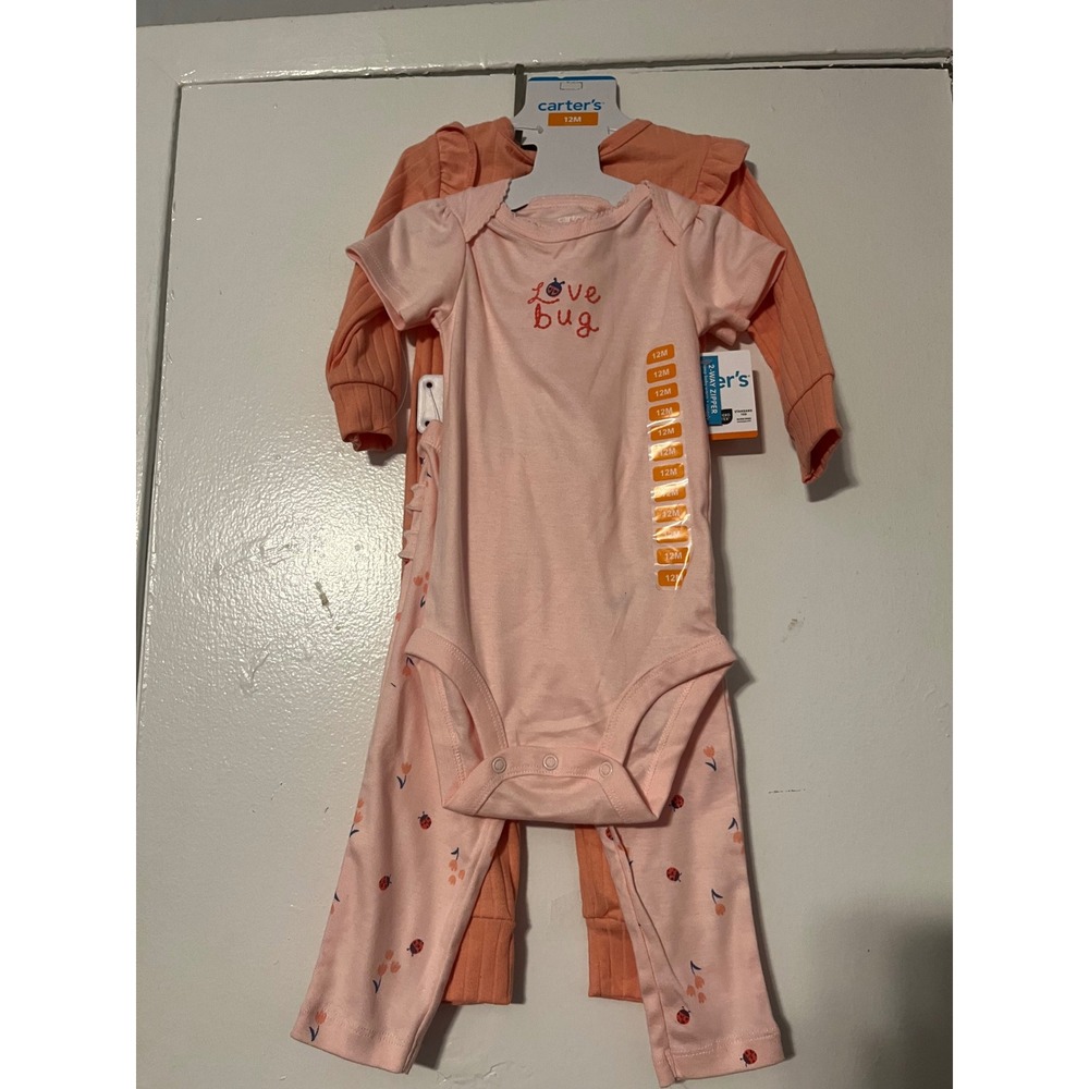 Carters Baby Girls 3-Piece Outfit Set 12M Pink Ladybug Bodysuit Pants Sleep Play - Picture 2 of 5